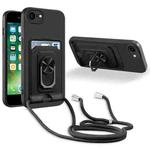 Ring Kickstand Card Wallet TPU Phone Case with Lanyard For iPhone 7/8/SE 2022 / SE 2020(Black)