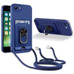 Ring Kickstand Card Wallet TPU Phone Case with Lanyard For iPhone 7/8/SE 2022 / SE 2020(Blue)