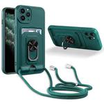 For iPhone 11 Pro Ring Kickstand Card Wallet TPU Phone Case with Lanyard (Night Green)
