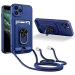For iPhone 11 Pro Ring Kickstand Card Wallet TPU Phone Case with Lanyard (Blue)