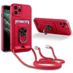 For iPhone 11 Pro Ring Kickstand Card Wallet TPU Phone Case with Lanyard (Red)