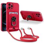 For iPhone 12 Pro Ring Kickstand Card Wallet TPU Phone Case with Lanyard(Red)