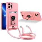 For iPhone 13 Pro Max Ring Kickstand Card Wallet TPU Phone Case with Lanyard (Pink)