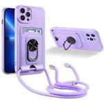For iPhone 13 Pro Max Ring Kickstand Card Wallet TPU Phone Case with Lanyard (Purple)