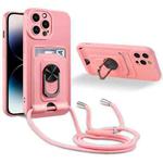 For iPhone 14 Pro Max Ring Kickstand Card Wallet TPU Phone Case with Lanyard For iPhone 14 Pro  Max(Pink)