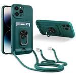 For iPhone 14 Pro Max Ring Kickstand Card Wallet TPU Phone Case with Lanyard For iPhone 14 Pro  Max(Night Green)