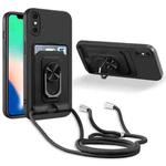 For iPhone X / XS Ring Kickstand Card Wallet TPU Phone Case with Lanyard(Black)