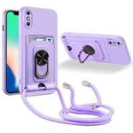 For iPhone X / XS Ring Kickstand Card Wallet TPU Phone Case with Lanyard(Purple)