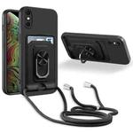 For iPhone XS Max Ring Kickstand Card Wallet TPU Phone Case with Lanyard(Black)