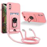 For iPhone XS Max Ring Kickstand Card Wallet TPU Phone Case with Lanyard(Pink)