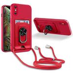 For iPhone XS Max Ring Kickstand Card Wallet TPU Phone Case with Lanyard(Red)