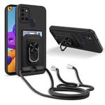 For Samsung Galaxy A21s Ring Kickstand Card Wallet TPU Phone Case with Lanyard(Black)