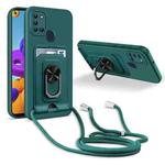 For Samsung Galaxy A21s Ring Kickstand Card Wallet TPU Phone Case with Lanyard(Night Green)