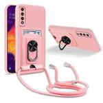 For Samsung Galaxy A30s/A50/A50s Ring Kickstand Card Wallet TPU Phone Case with Lanyard(Pink)