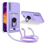 For Samsung Galaxy A30s/A50/A50s Ring Kickstand Card Wallet TPU Phone Case with Lanyard(Purple)