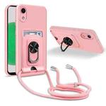 For Samsung Galaxy A03 Core Ring Kickstand Card Wallet TPU Phone Case with Lanyard(Pink)