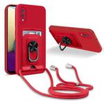 For Samsung Galaxy A02/M02 Ring Kickstand Card Wallet TPU Phone Case with Lanyard(Red)