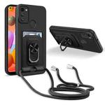 For Samsung Galaxy A11 Ring Kickstand Card Wallet TPU Phone Case with Lanyard(Black)