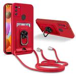 For Samsung Galaxy A11 Ring Kickstand Card Wallet TPU Phone Case with Lanyard(Red)