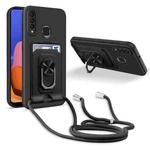 For Samsung Galaxy A20s Ring Kickstand Card Wallet TPU Phone Case with Lanyard(Black)