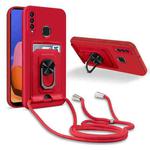 For Samsung Galaxy A20s Ring Kickstand Card Wallet TPU Phone Case with Lanyard(Red)