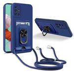 For Samsung Galaxy A51 4G Ring Kickstand Card Wallet TPU Phone Case with Lanyard(Blue)
