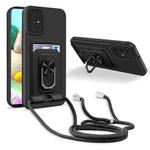 For Samsung Galaxy A71 4G Ring Kickstand Card Wallet TPU Phone Case with Lanyard(Black)