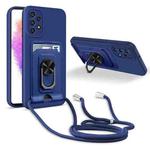 For Samsung Galaxy A73 5G Ring Kickstand Card Wallet TPU Phone Case with Lanyard(Blue)