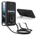 For Samsung Galaxy S21 Ring Kickstand Card Wallet TPU Phone Case with Lanyard(Black)
