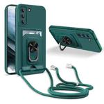 For Samsung Galaxy S21 Ring Kickstand Card Wallet TPU Phone Case with Lanyard(Night Green)