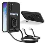 For Samsung Galaxy S21 FE Ring Kickstand Card Wallet TPU Phone Case with Lanyard(Black)