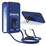For Samsung Galaxy S21 FE Ring Kickstand Card Wallet TPU Phone Case with Lanyard(Blue)
