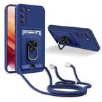 For Samsung Galaxy S21+ Ring Kickstand Card Wallet TPU Phone Case with Lanyard(Blue)