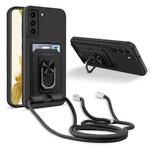 For Samsung Galaxy S22 5G Ring Kickstand Card Wallet TPU Phone Case with Lanyard(Black)