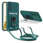 For Samsung Galaxy S22 5G Ring Kickstand Card Wallet TPU Phone Case with Lanyard(Night Green)