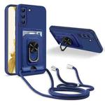 For Samsung Galaxy S22 5G Ring Kickstand Card Wallet TPU Phone Case with Lanyard(Blue)