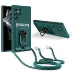 For Samsung Galaxy S22 Ultra 5G Ring Kickstand Card Wallet TPU Phone Case with Lanyard(Night Green)