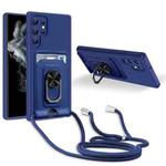For Samsung Galaxy S22 Ultra 5G Ring Kickstand Card Wallet TPU Phone Case with Lanyard(Blue)