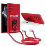 For Samsung Galaxy S22 Ultra 5G Ring Kickstand Card Wallet TPU Phone Case with Lanyard(Red)