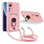 For Xiaomi 12 Ring Kickstand Card Wallet TPU Phone Case with Lanyard(Pink)
