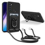For Xiaomi Redmi Note 8 Ring Kickstand Card Wallet TPU Phone Case with Lanyard(Black)