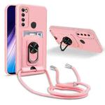 For Xiaomi Redmi Note 8 Ring Kickstand Card Wallet TPU Phone Case with Lanyard(Pink)