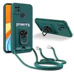 For Xiaomi Redmi 9C Ring Kickstand Card Wallet TPU Phone Case with Lanyard(Night Green)