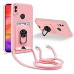 For Xiaomi Redmi Note 7 Ring Kickstand Card Wallet TPU Phone Case with Lanyard(Pink)