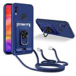 For Xiaomi Redmi Note 7 Ring Kickstand Card Wallet TPU Phone Case with Lanyard(Blue)