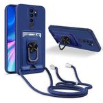 For Xiaomi Redmi Note 8 Pro Ring Kickstand Card Wallet TPU Phone Case with Lanyard(Blue)