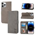 For iPhone 14 Pro Embossed Happy Cat Pattern Flip Leather Phone Case(Grey)