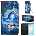 For Galaxy M80s Colored Drawing Pattern Plain Weave Horizontal Flip Leather Case with Holder & Card Slot & Wallet&Lanyard(Ocean waves and sun)