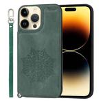 For iPhone 14 Pro Max Mandala Embossed Card Slots PU+TPU Phone Case (Green)