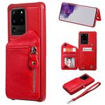 For Galaxy S20 Ultra Zipper Double Buckle Shockproof Protective Case with Stand & Photo Holder & Wallet Function(Red)